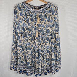 Scandal Boho Paisley Floral Skirt Large Blue Cream Gold Thread Tiered Peasant